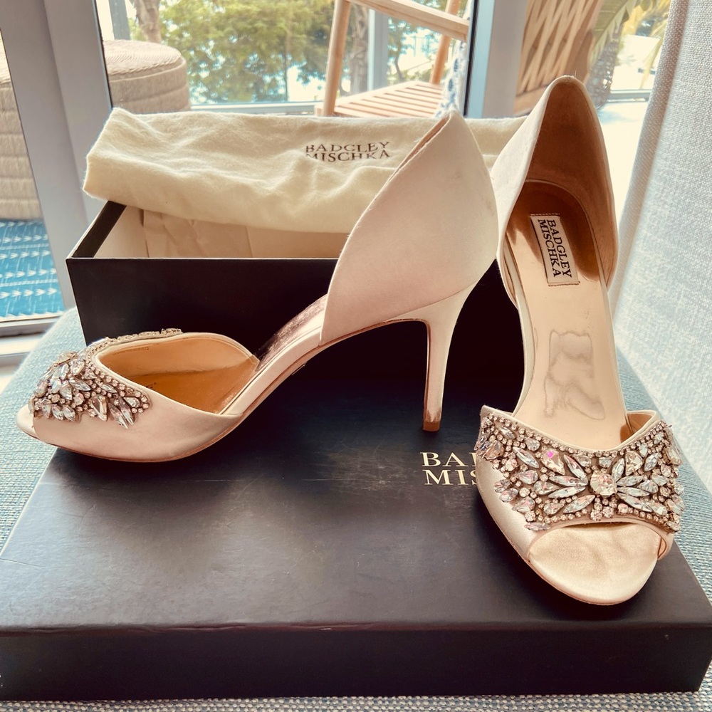 Beautiful ivory peep toe pumps w/ elaborate crystals. Shoe bag & box included.